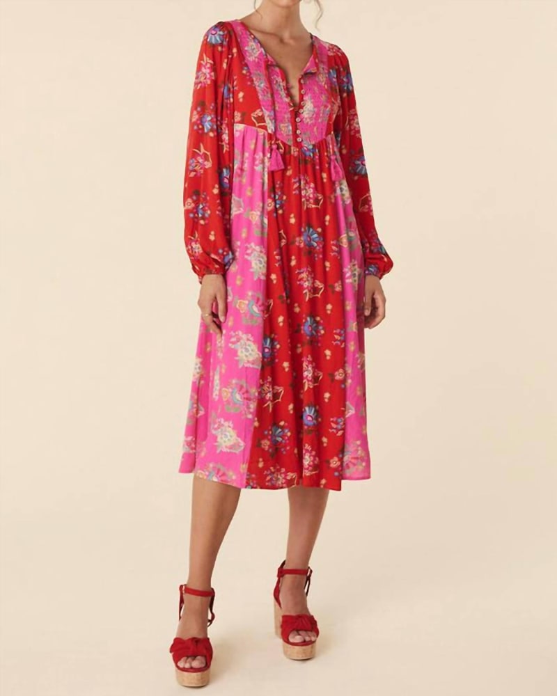 Front of a model wearing a size L Solstice Boho Midi Dress in Salsa Rose in Salsa Rose by SPELL. | dia_product_style_image_id:339974
